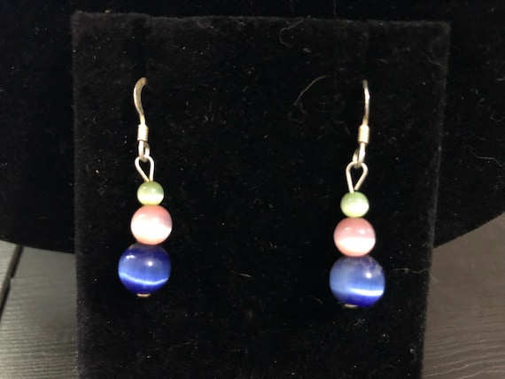 Sterling Silver Blue, Pink, and Green Cats Eye Be… - image 2