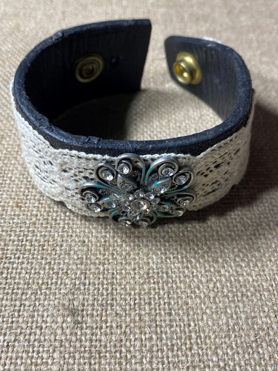 Leather and Lace Rhinestone Flower Bracelet