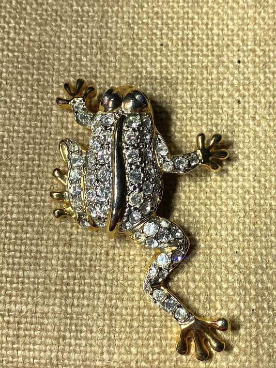 Large Gold Tone Rhinestone Frog with Green Rhines… - image 1