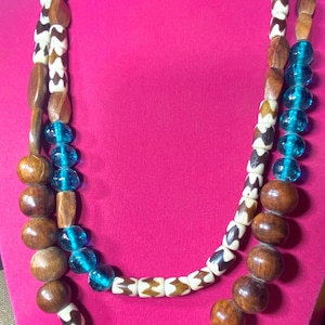 Wood, Bone and Blue Glass Bead Necklace