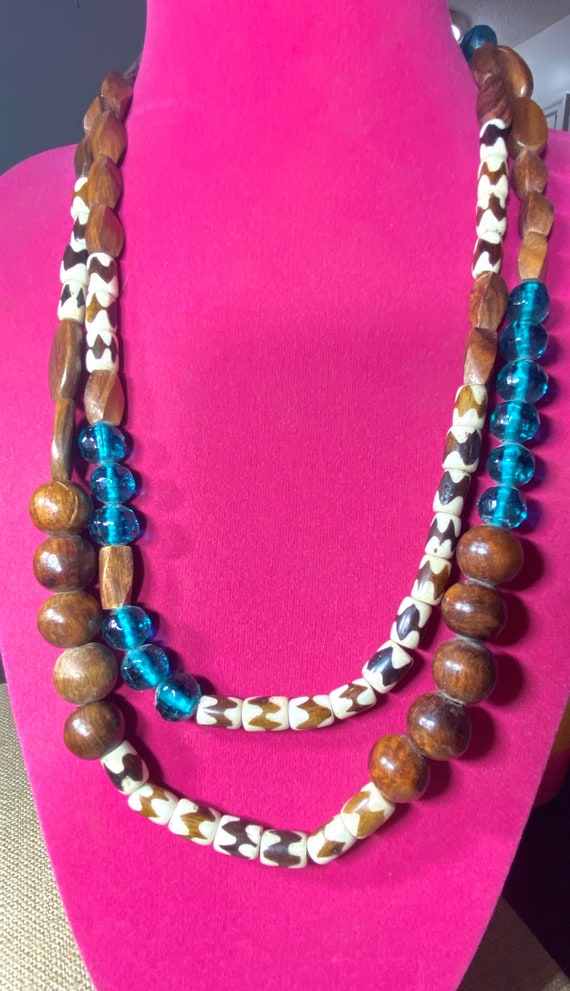 Wood, Bone and Blue Glass Bead Necklace