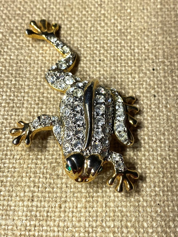 Large Gold Tone Rhinestone Frog with Green Rhines… - image 2