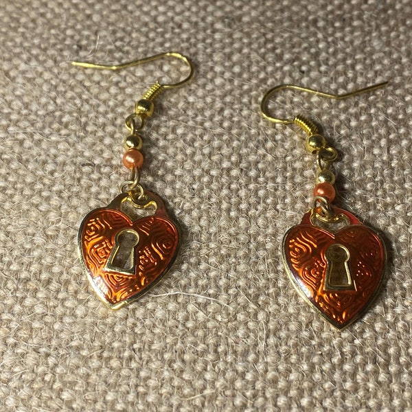 Edgar Berebi Gold Tone Orange Padlock Heart Earrings