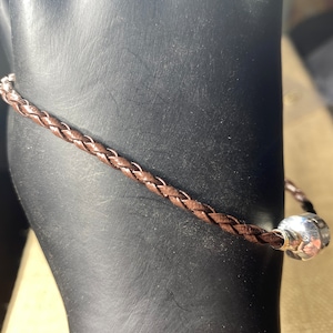 Woven Brown Leather Slide Charm Bracelet with Sterling Silver Snap Clasp