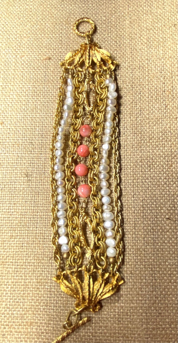 Gold Tone Freshwater Pearl and Coral Colored Beade