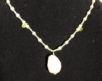 Sterling Silver Pearl and Green Stone Beaded Necklace with Peach Moonstone Pendant