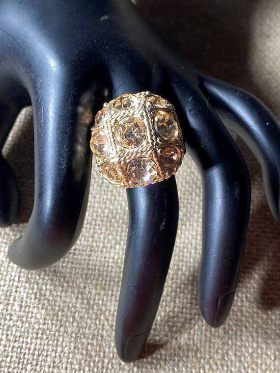 Gold Tone Square Dome Large Pink Rhinestone Ring S