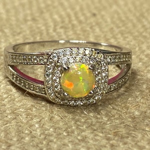Sterling Silver Plated Faux Yellow Opal and Cubic Zirconia Halo Ring