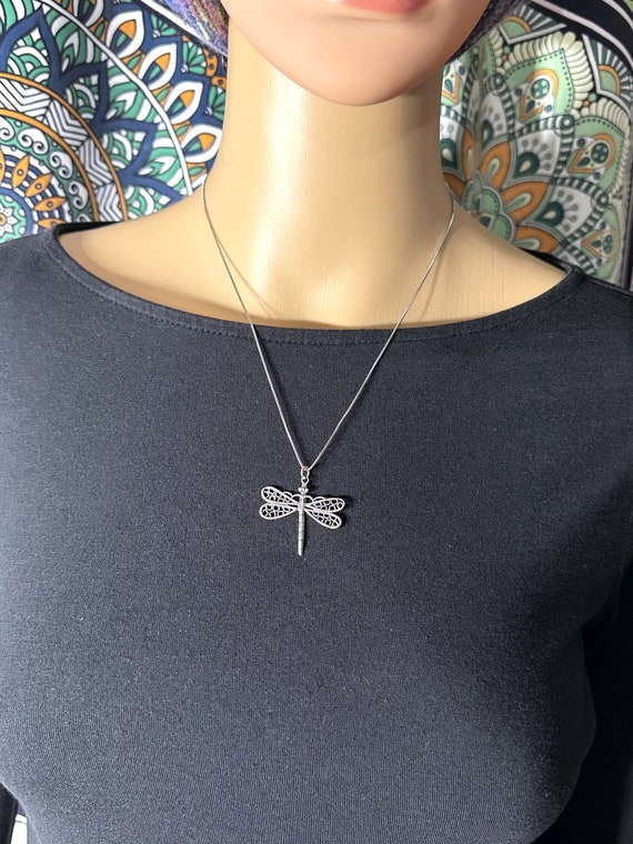 Sterling Silver Large Dragonfly Pendant Necklace - image 1