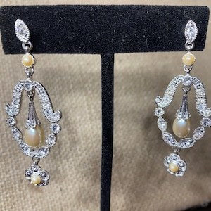 Silver Tone Faux Pearl Rhinestone Dangle Earrings