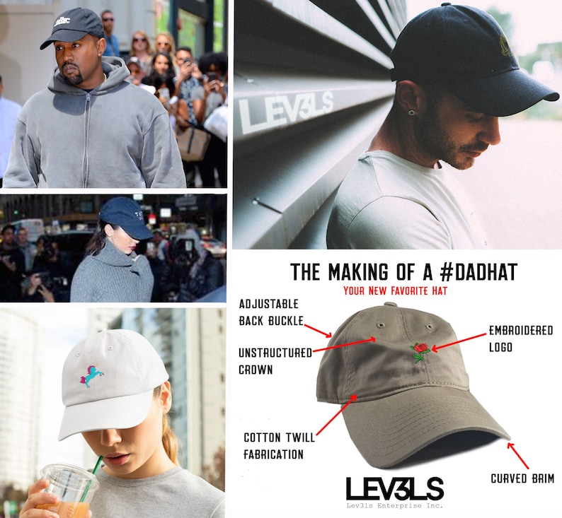 May include: A close-up of a khaki dad hat with a red embroidered rose on the front. The hat has an unstructured crown, a curved brim, and an adjustable back buckle. The hat is made of cotton twill and features the text "LEV3LS" and "Lev3ls Enterprise Inc." on the back.