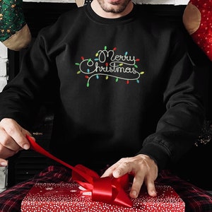 Merry Christmas Lights Embroidered Crewneck Sweatshirt | Christmas Sweater | Soft and Comfy | Unisex