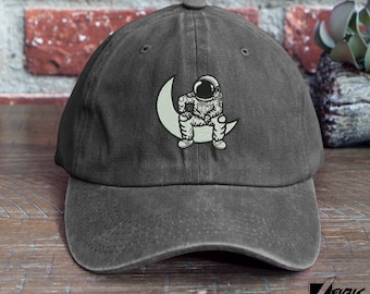 Man On The Moon Dad Hat Embroidered Astronaut Chillin&#39;  Unisex Retro Style Cap Space Cowboy