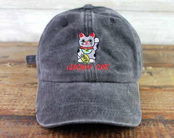 Embroidered Lucky Cat Dad Hat - Maneki-neko Baseball Cap