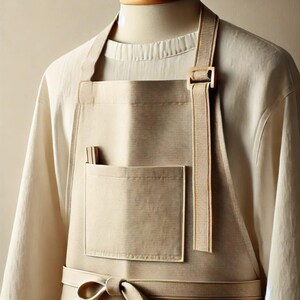 May include: A beige linen apron with a large pocket and adjustable straps. The apron has a brown leather buckle and a brown fabric tie.