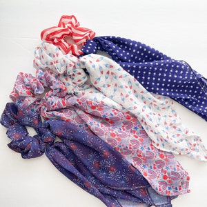 Fourth of July Hair Scarf, Chiffon Hair Ties, Hair Ribbon, Independence Day Hair Elastic, Patriotic Scrunchie Scarf