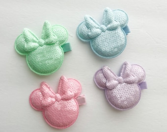 Disney Mickey Mouse Ears Clips, Fully Lined Clips, Minnie Mouse Hair Clips, Theme Park Toddler Glitter Hair Clips