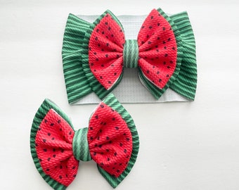Stacked Baby Headwrap, Watermelon Hair Bow, Double Layer Watermelon Print Baby Bow, One in a Melon Baby Girl Bows