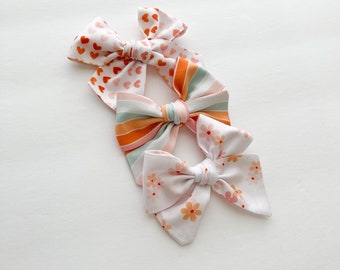 Retro Hearts, Floral, and Stripes Pinwheel Handtied Hair Bows, Floral Baby Bows on Nylon Headband or Clip, Pigtail Bows