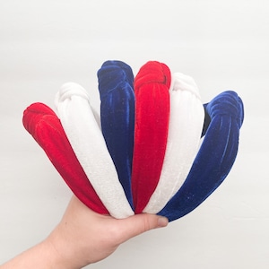 Red White and Blue Knotted Headbands, Fits Women and kids, Velvet Top Knot Headband