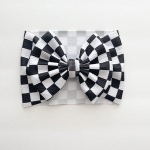 Black and White Checkered Baby Girl Headwrap, Checkered Flag Hair Bow, Newborn Headwrap, Pigtail Bows