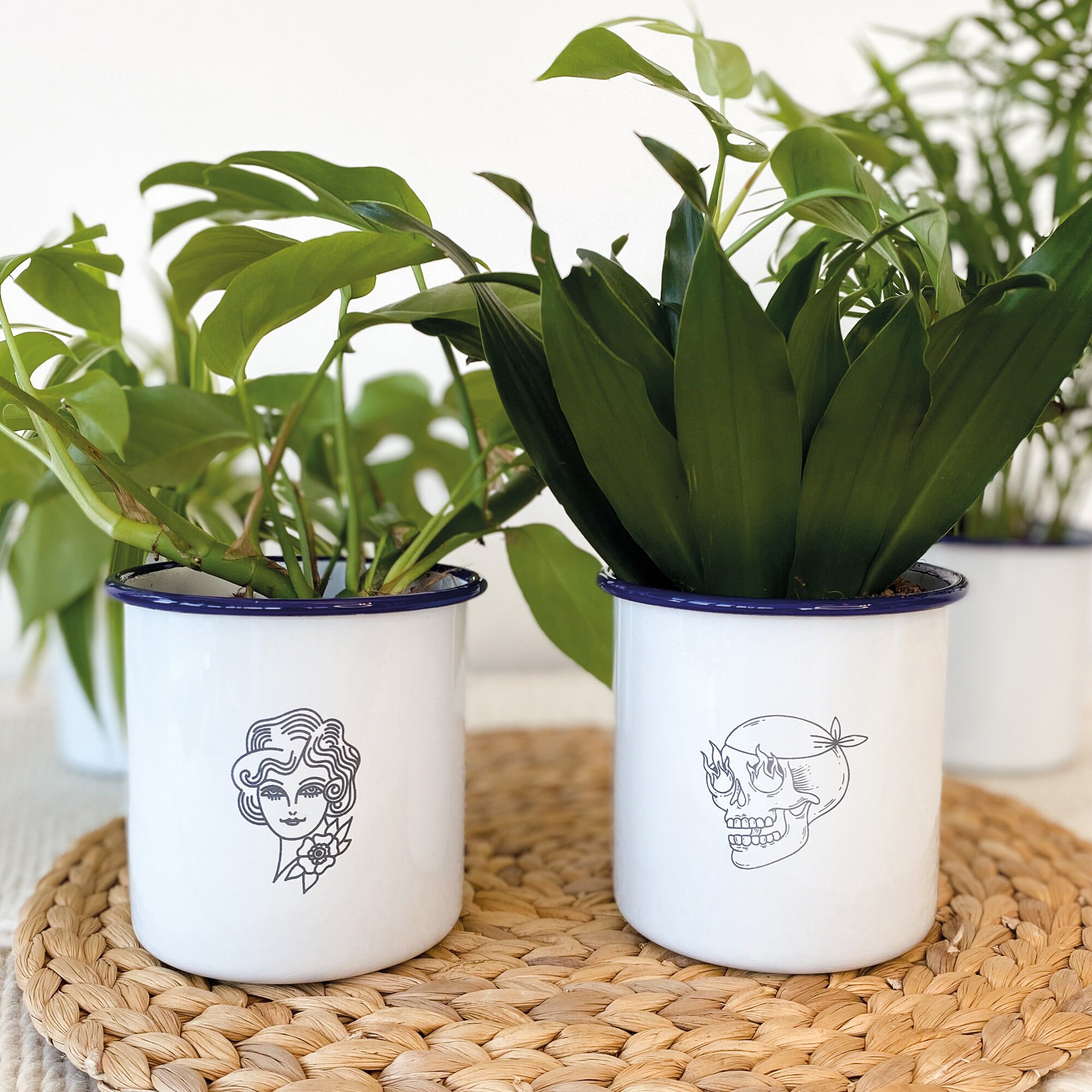 Retro Tattoo Enamel Plant Pot Skull Tattoo Engraved Plant Etsy