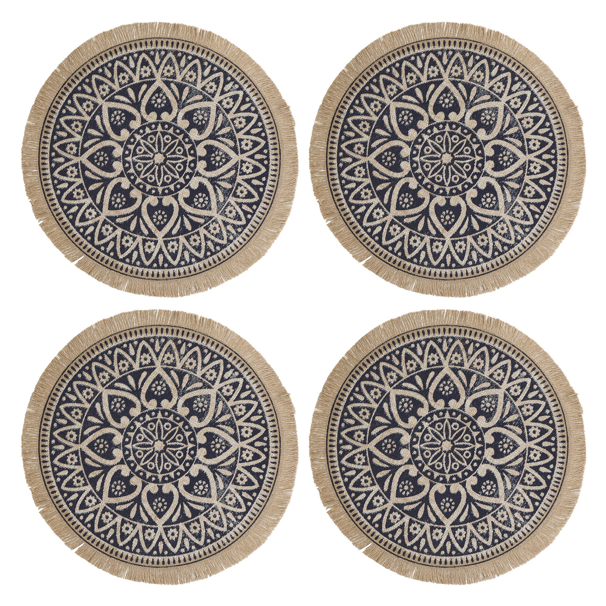 Jute Placemats Set of 4 Navy Mandala Patterned Placemats Etsy UK