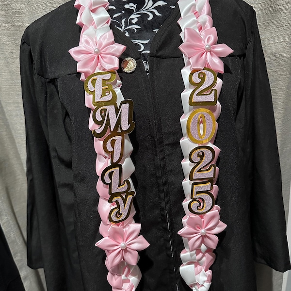 Satin Ribbon Graduation Lei with Flowers, Braided Ribbon
