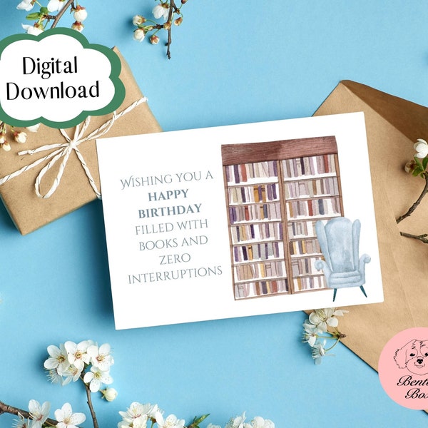 Printable Birthday greeting card Instant download 7x5 inch cards for Birthday, Birthday Card to download, Book Birthday Card, Reader