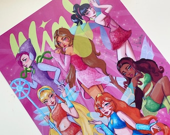 May include: A pink background with the word "Winx" in a yellow and green font. Six cartoon fairies are depicted in various poses, each with a different colored outfit and hair. The fairies have wings and are surrounded by sparkles.