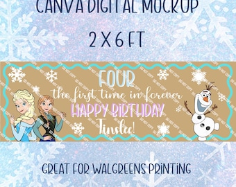 Frozen Birthday Banner Template, Editable Winter Backdrop for printing (2 x 6 ft) (Digital Download)