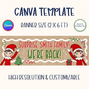 May include: A customizable Canva template for a 2 x 6 ft banner featuring a brown background with white scalloped borders. The text reads Surprise, Smith Family! We're Back! with illustrations of two elves, a Christmas tree, and a gift.