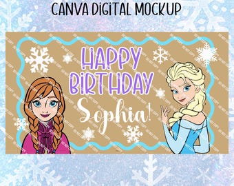 Plantilla de pancarta de cumpleaños de Frozen, fondo invernal editable (descarga digital)