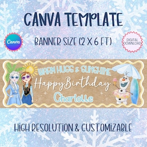 Banner de cumpleaños de verano de princesa de hielo, fondo de invierno editable (2 x 6 pies) (descarga digital)