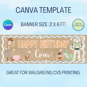 May include: A banner with the text "Happy Birthday Craw!" and cartoon characters. The banner is brown with a light blue border and stars. The text "Canva Template" and "Banner Size (2 x 6 ft)" are also visible.