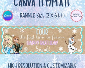 Striscione di compleanno Principessa del Ghiaccio, Sfondo per festa Paese delle Meraviglie Invernale, Decorazioni di compleanno con fiocchi di neve, Modello Canva modificabile, Striscione con nome personalizzato
