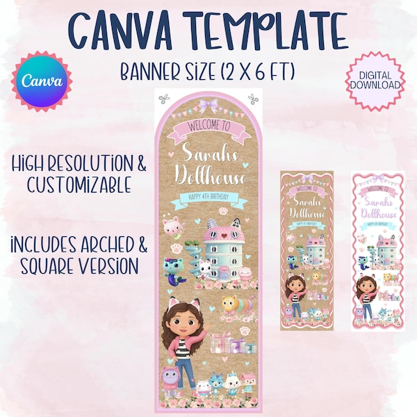 Dollhouse Birthday Banner Template, Editable Party Decoration (6 x 2 ft) (Digital Download)