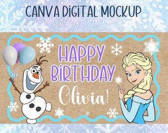 Plantilla de pancarta de cumpleaños de Frozen, fondo invernal editable (descarga digital)