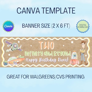 May include: A rectangular birthday banner template featuring a kraft paper background with a scalloped white and yellow border. It displays the text TWO INFINITY AND BEYOND HAPPY BIRTHDAY RIVER, along with illustrations of Buzz Lightyear, Woody, and a rocket.