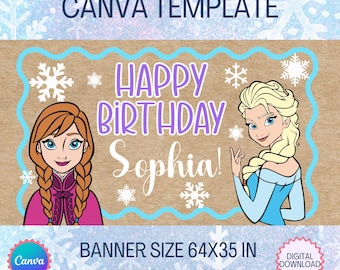 Ice Princess Birthday Banner Template, Editable Winter Backdrop (Digital Download)