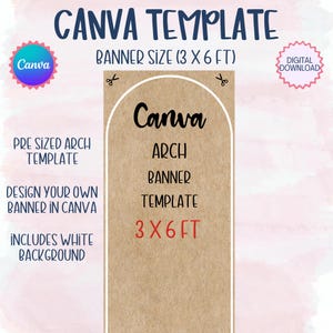 Könnte beinhalten: Eine Canva-Vorlage für ein 3 x 6 Fuß großes Bogenbanner mit braunem, strukturiertem Hintergrund und weißer Bogenkontur. Der Text lautet Canva, ARCH, BANNER, TEMPLATE, 3 X 6 FT, PRE SIZED ARCH TEMPLATE, DESIGN YOUR OWN BANNER IN CANVA und INCLUDES WHITE BACKGROUND.