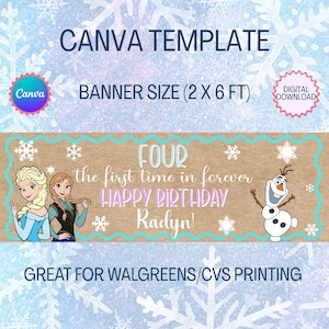 Peut inclure: Bannière modèle Canva avec un design bleu clair et marron. La bannière indique "FOUR the first time in forever HAPPY BIRTHDAY Radyn!" et présente des illustrations d'Elsa, Anna et Olaf. La taille de la bannière est de 0,61 x 1,83 mètres.