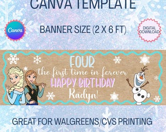 Frozen Birthday Banner Template, Editable Winter Backdrop for printing (2 x 6 ft) (Digital Download)