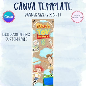 Könnte beinhalten: Eine vertikale Bannervorlage mit dem Text 'Elthan's TOY STORY 3' und 'You've got a friend who's 3!'. Das Design zeigt Illustrationen von Buzz Lightyear, Forky, Woody, Jessie und einem grünen Frosch auf beigem Hintergrund mit blauen Wolken.