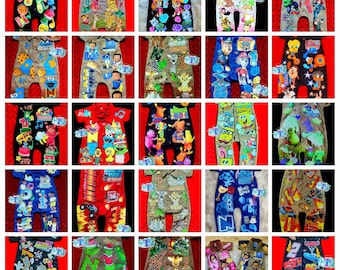 May include: A collage of 25 images showcasing personalized baby onesies featuring various cartoon characters, including Paw Patrol, SpongeBob SquarePants, Blues Clues, and more. The onesies are in a variety of colors and designs, and each one is unique.