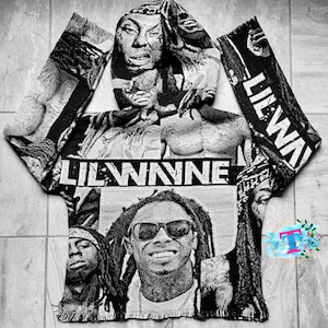 May include: Black and white hooded sweatshirt with a woven tapestry design featuring Lil Wayne's face and the text "Lil Wayne".