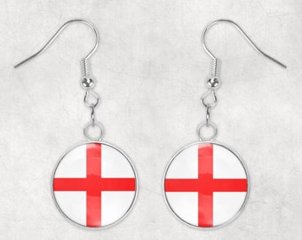 Surgical Steel England, English Flag Glass Cabochon Dangle Earrings