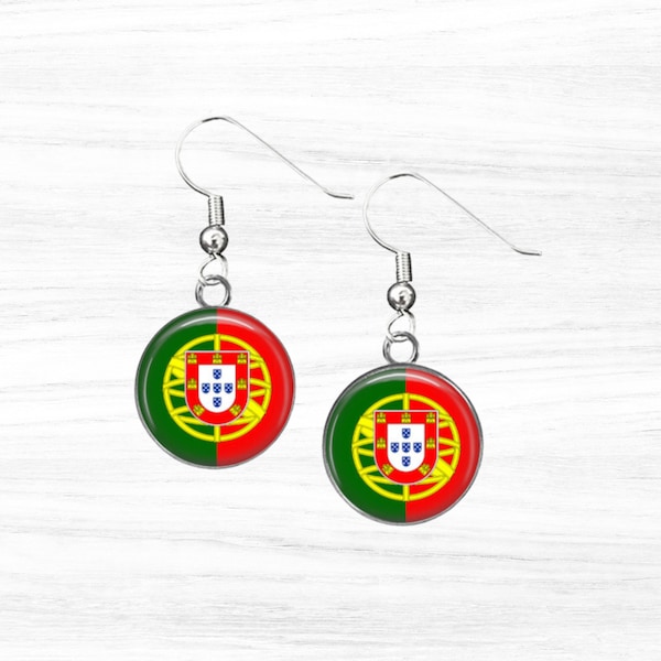 Surgical Steel Portuguese Portugal  Flag Glass Cabochon Drop Dangle Earrings