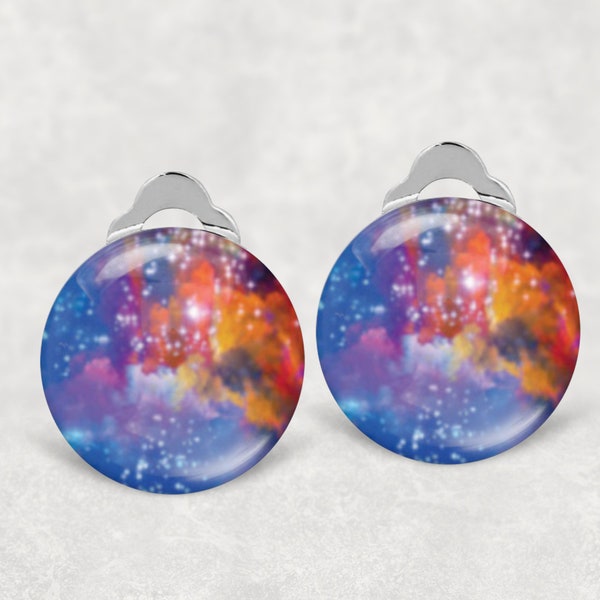 Clip On Blue Orange Multicoloured Abstract  Glass Cabochon Stud Earrings 14mm