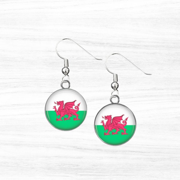 Surgical Steel Wales, Welsh  Flag Glass Cabochon Drop Dangle Earrings